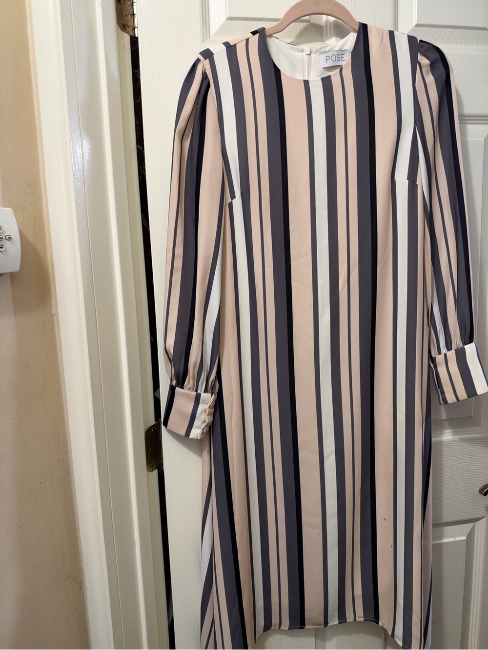 Vertical Stripe Long Sleeve Shift Dress in Blush, Navy & White